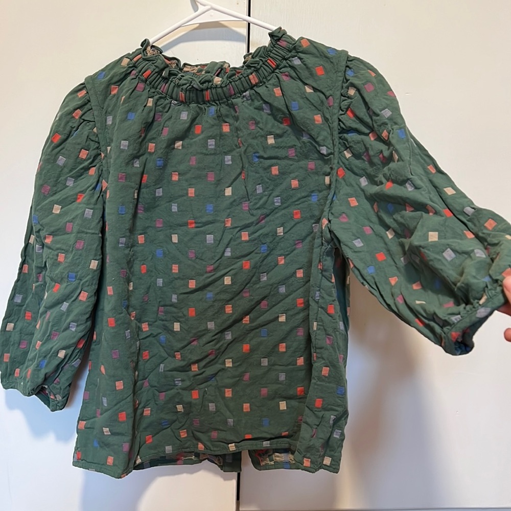 Ro & De Anthropologie Green High Ruffle Neck Button Back Isabetta Blouse Size M